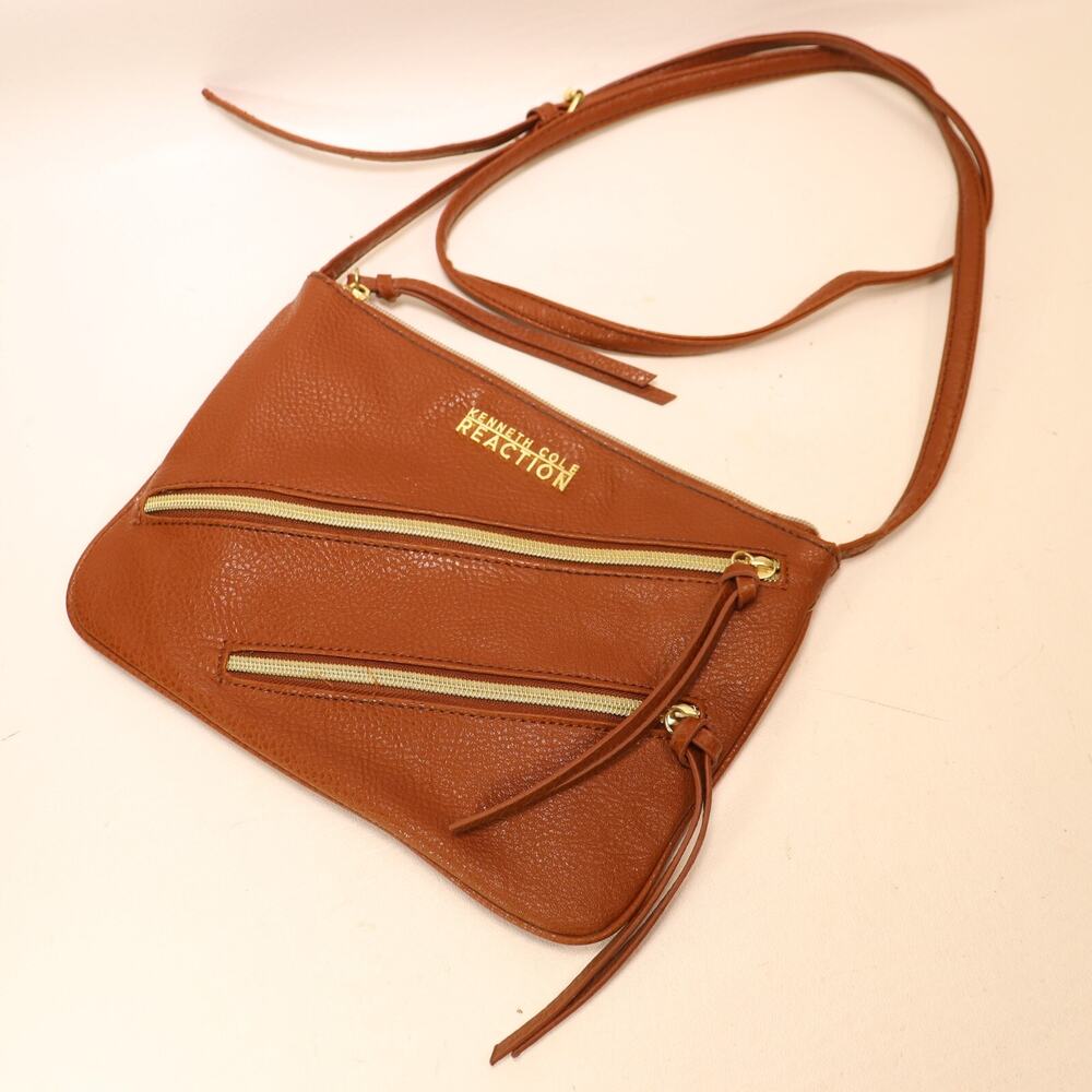 Kenneth Cole Reaction Crossbody Handbag M Brown Faux Pebble Leather Zip Adjust